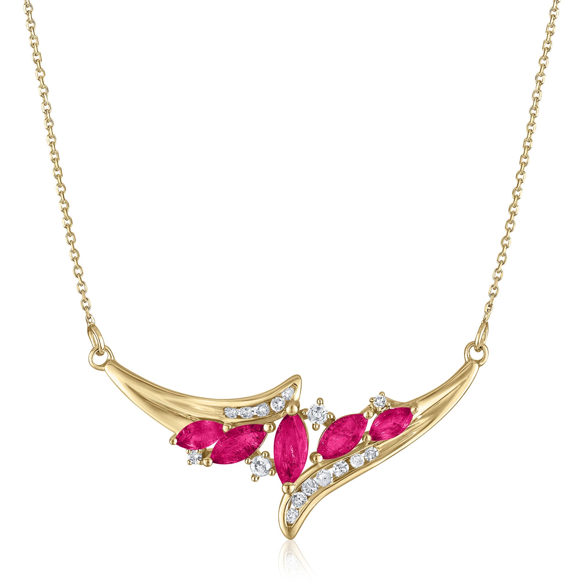 Diamond and Marquise Ruby Necklace in 14K Yellow Gold, 1/7 ct. tw
