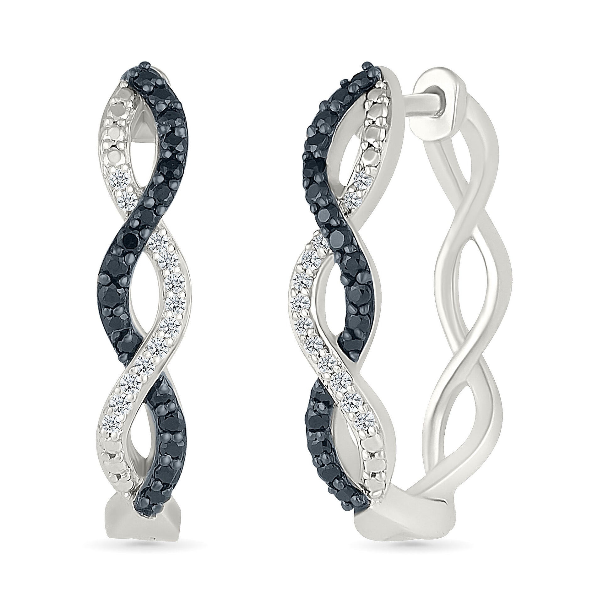 Black and White Diamond Twist Hoops in Sterling Silver (1/4 ct. tw.)