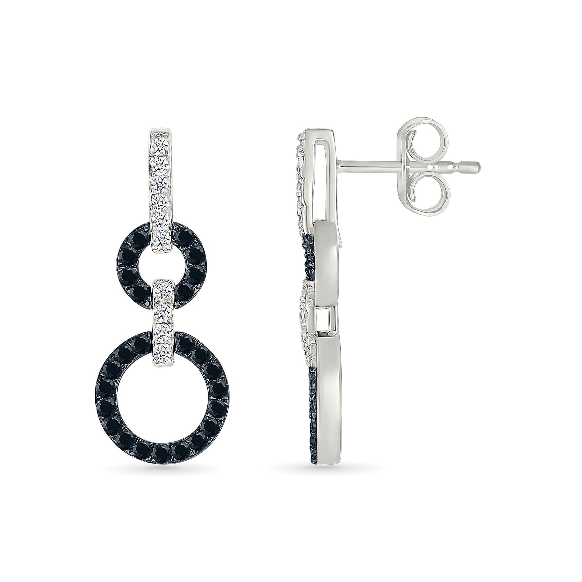 Black and White Diamond Circle Link Earrings in Sterling Silver