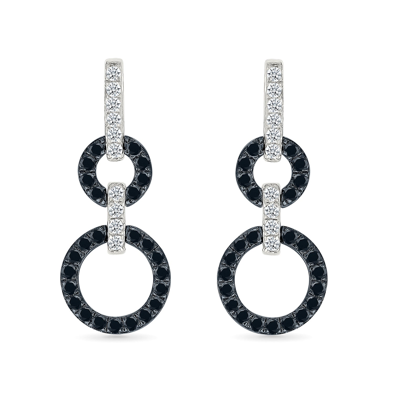 Black and White Diamond Circle Link Earrings in Sterling Silver