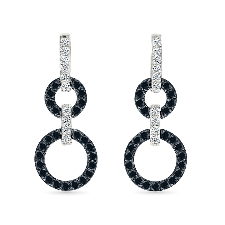 Black and White Diamond Circle Link Earrings in Sterling Silver