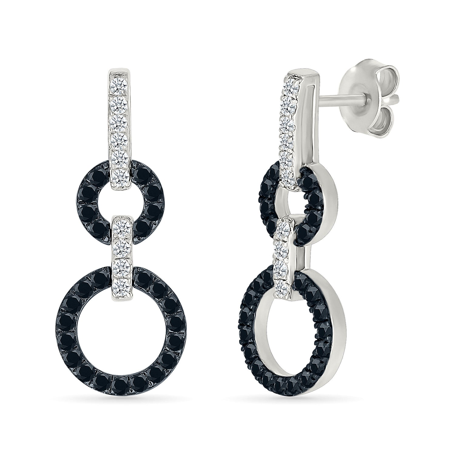 Black and White Diamond Circle Link Earrings in Sterling Silver