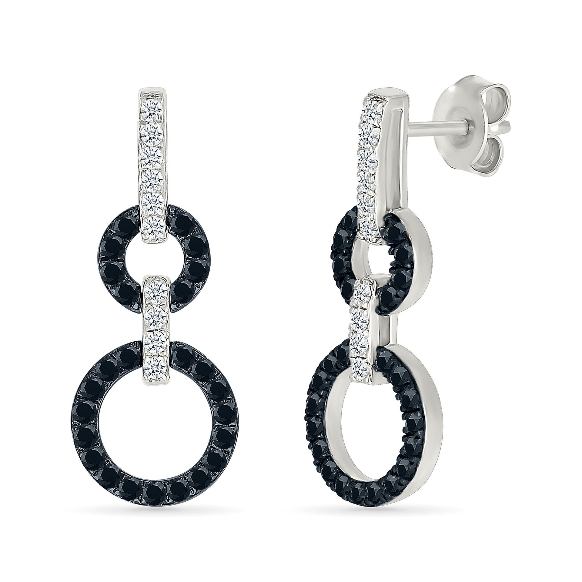 Black and White Diamond Circle Link Earrings in Sterling Silver
