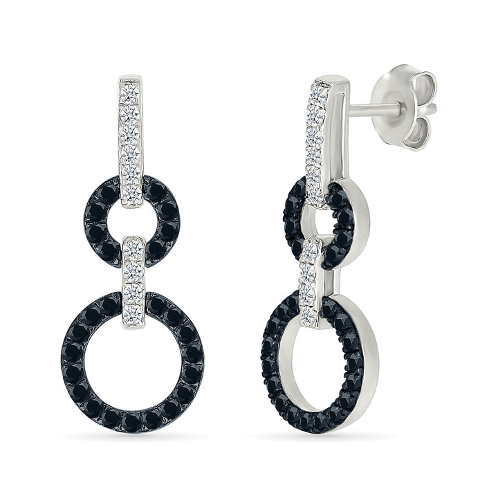 Black and White Diamond Circle Link Earrings in Sterling Silver