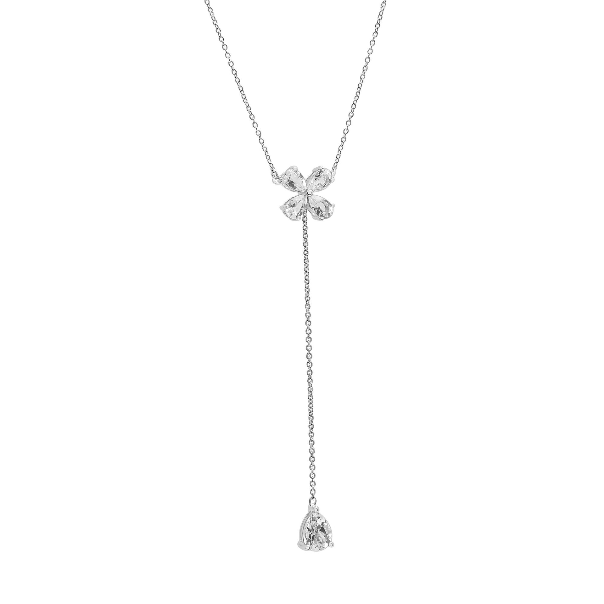 White Topaz Lariat Clover Necklace in Sterling Silver