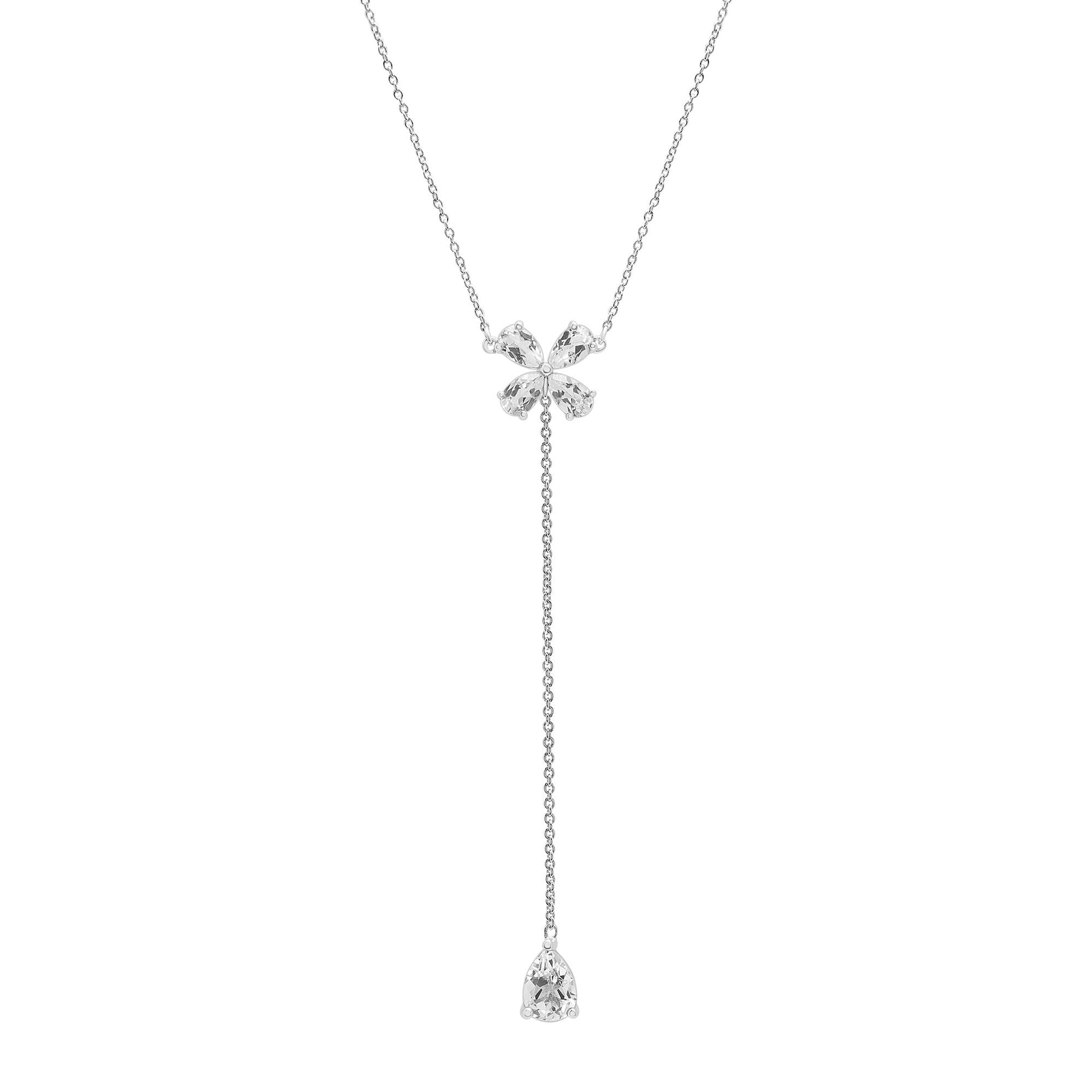 White Topaz Lariat Clover Necklace in Sterling Silver