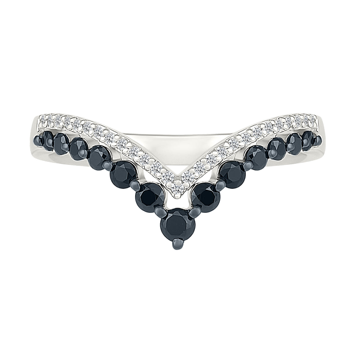 Black and White Diamond Chevron Double-Row Ring in Sterling Silver