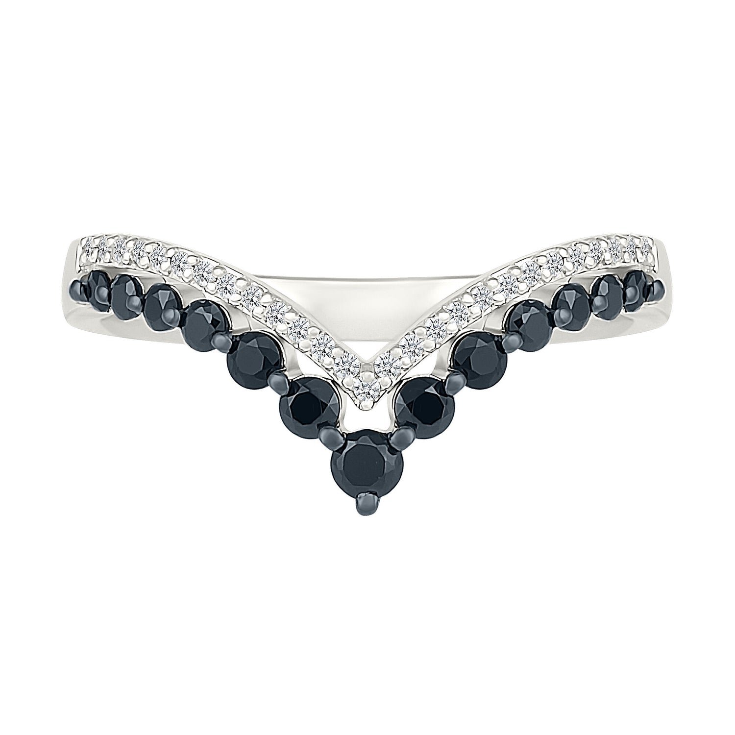 Black and White Diamond Chevron Double-Row Ring in Sterling Silver