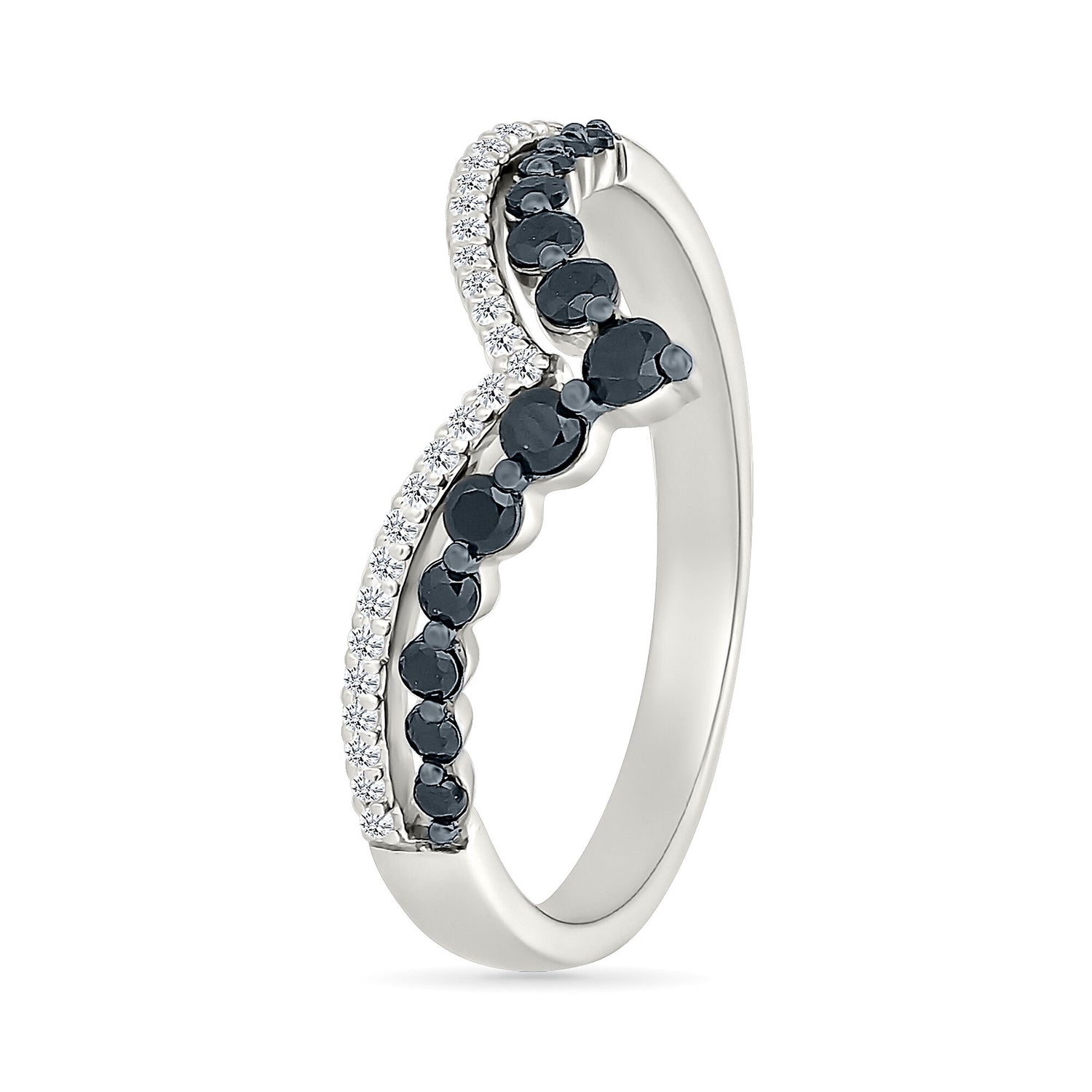 Black and White Diamond Chevron Double-Row Ring in Sterling Silver