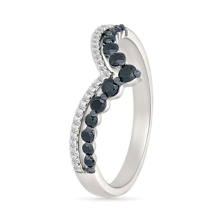 Black and White Diamond Chevron Double-Row Ring in Sterling Silver