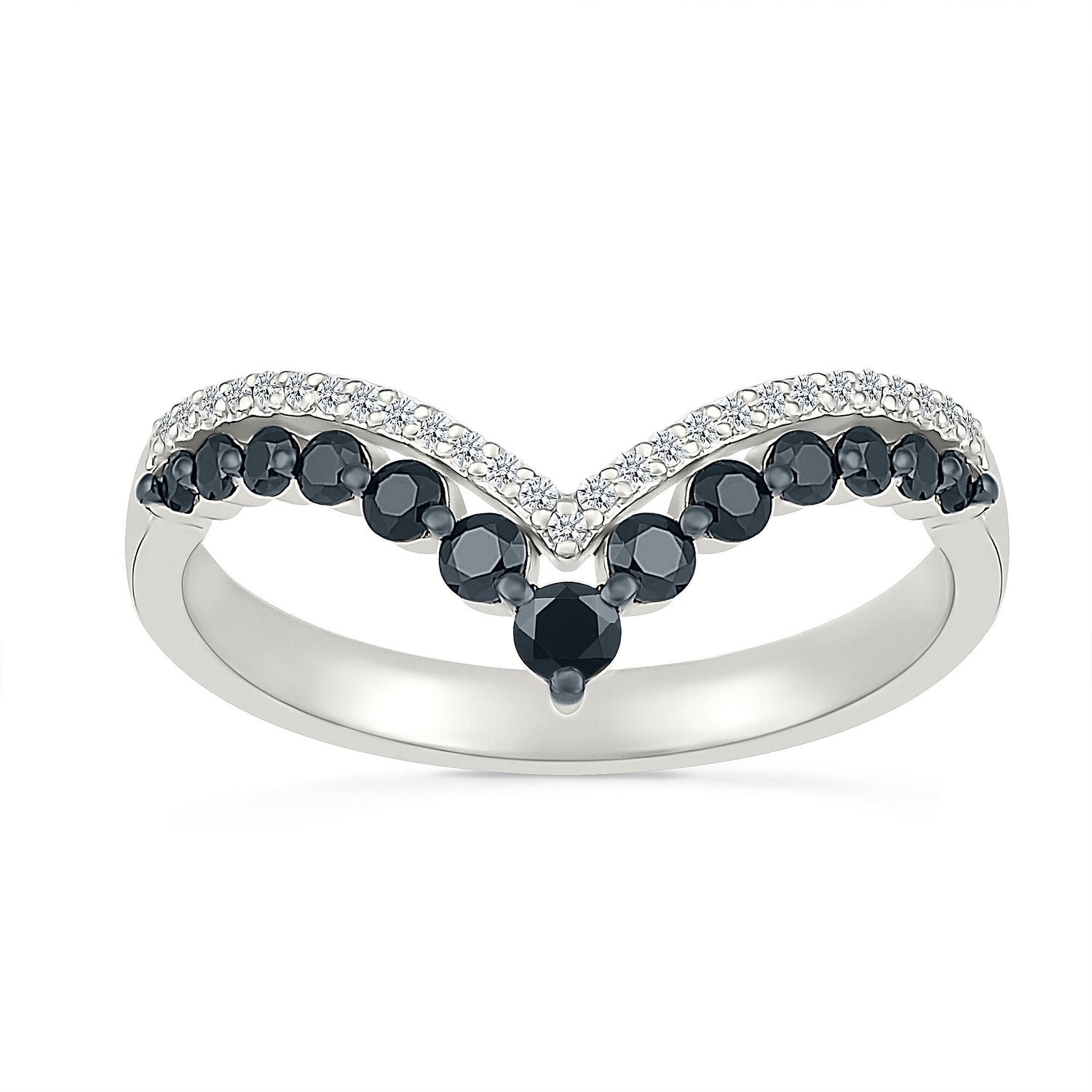 Black and White Diamond Chevron Double-Row Ring in Sterling Silver