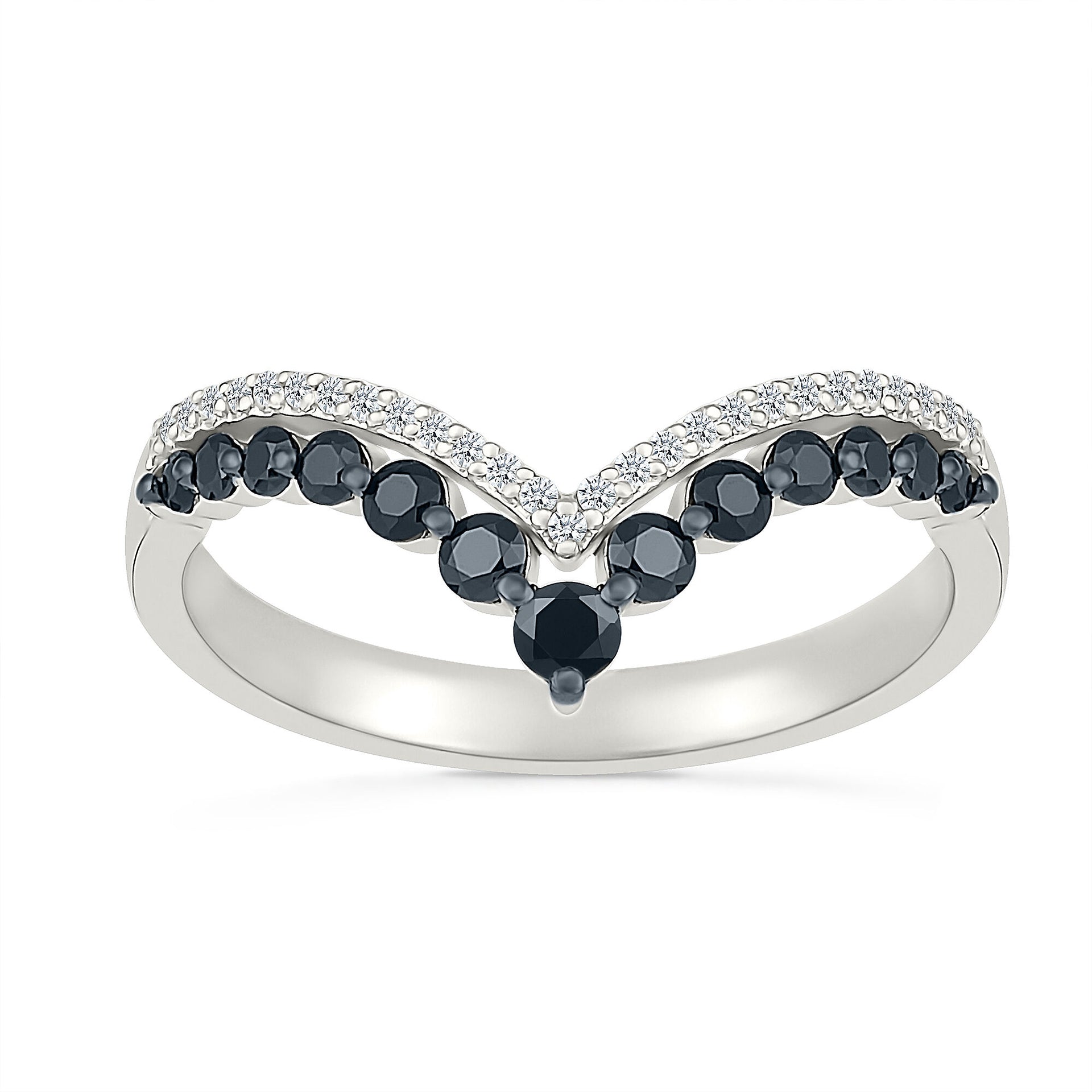 Black and White Diamond Chevron Double-Row Ring in Sterling Silver