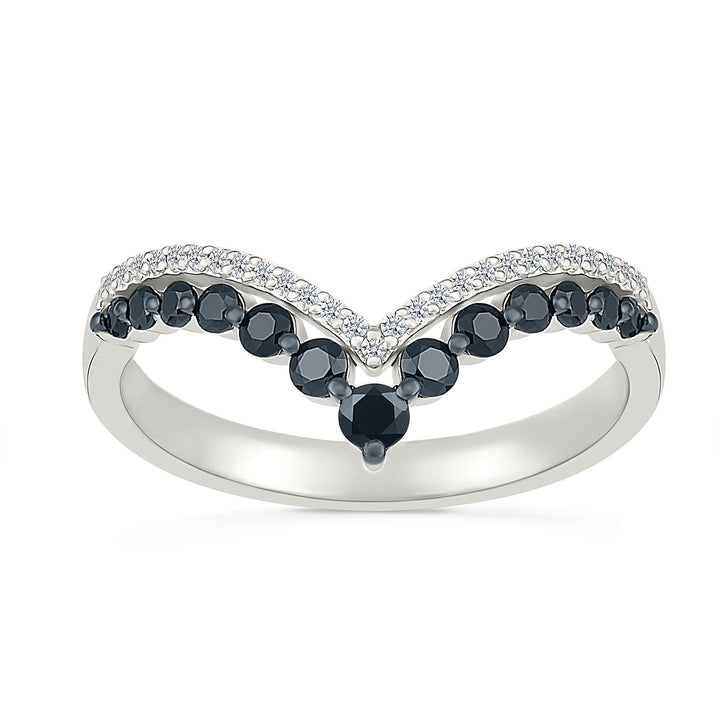 Black and White Diamond Chevron Double-Row Ring in Sterling Silver