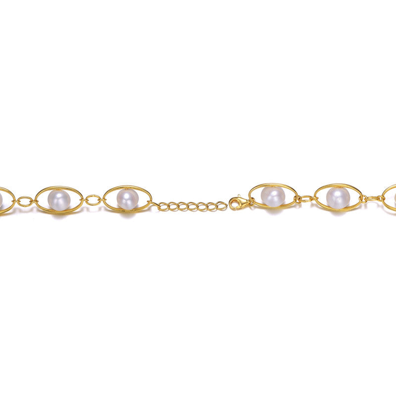 Sterling Silver 14k Gold Plated with Genuine Freshwater Pearl Oval Link Bracelet