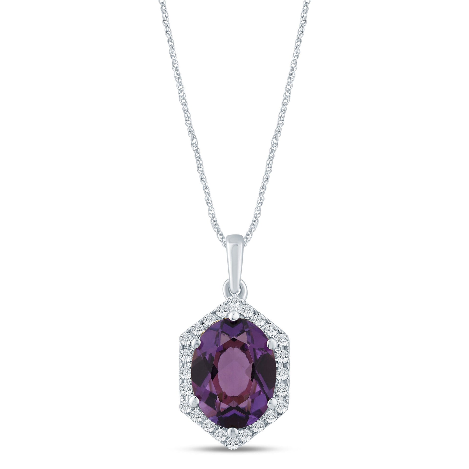 Oval Amethyst Pendant in 10K White Gold (1/10 ct. tw.)