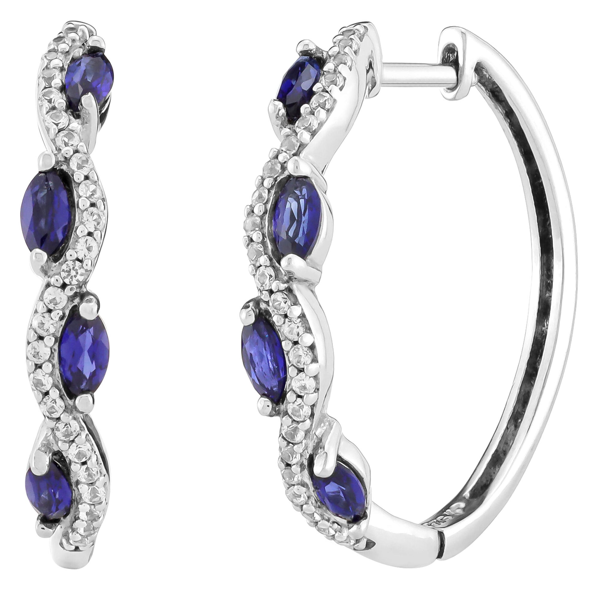 Lab-Created Blue Sapphire and Lab-Created White Sapphire Hoop Earrings in Sterling Silver