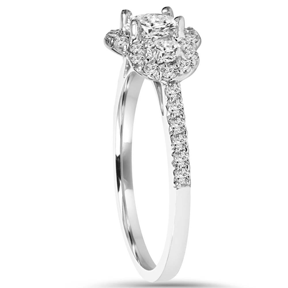 7/8 Carat 3-Stone Halo Diamond Anniversary Engagement Ring Solitaire White Gold