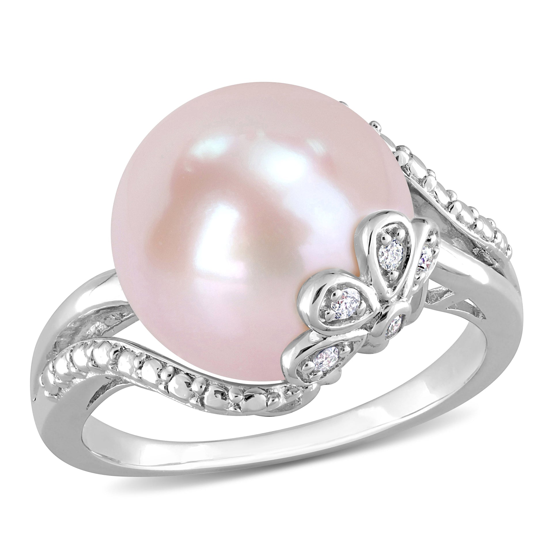 Mimi & Max 12-12.5mm Button-Shaped Pink Freshwater Cultured Pearl and Diamond Accent Flower Split-Shank Ring in Sterling Silver