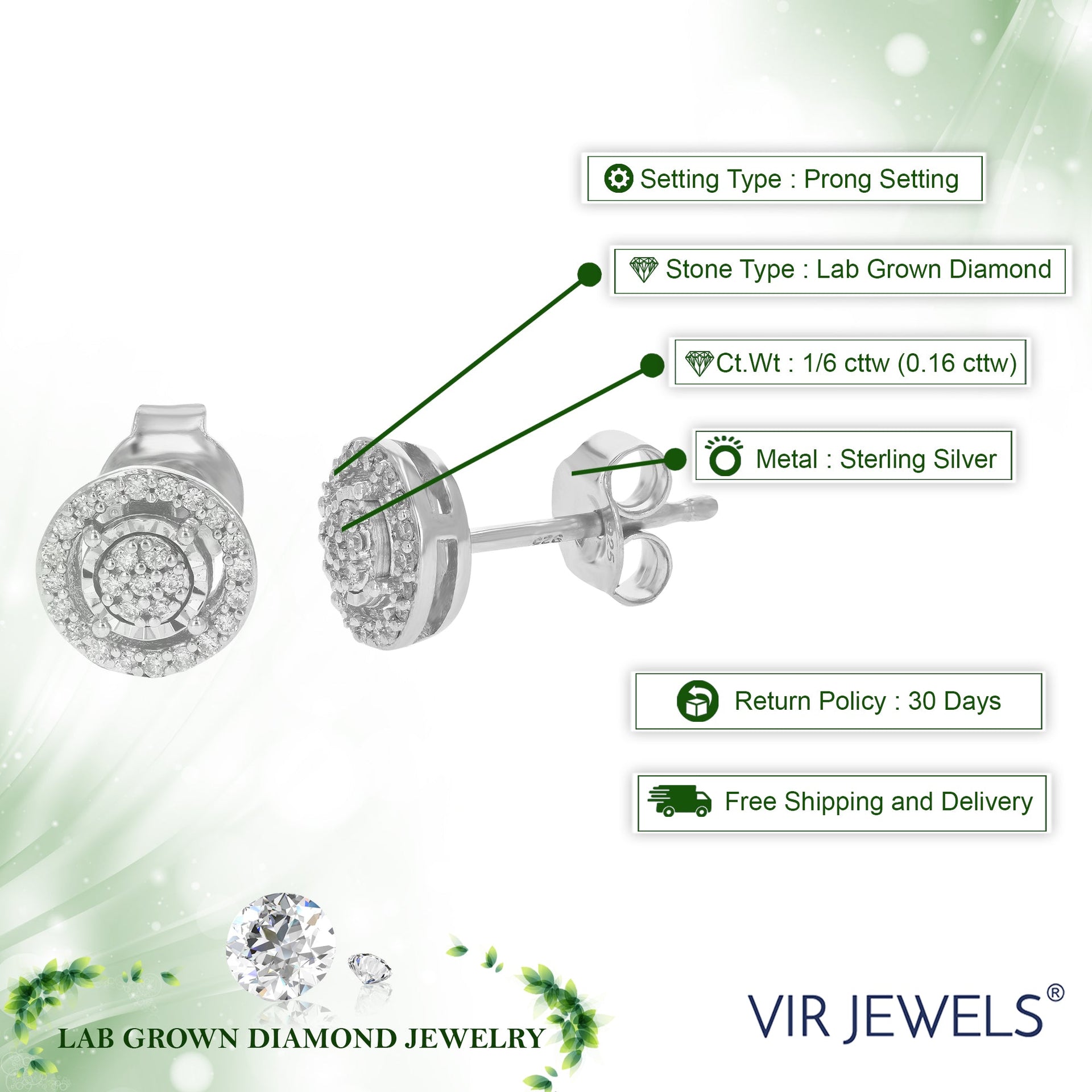 Lab Grown Diamond Stud Earrings 1/6 cttw Round Cut Prong Set .925 Sterling Silver