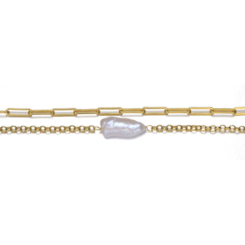Sterling Silver 14k Gold Plated with Genuine Freshwater Pearl Cable Rolo Chain Double Layer Bracelet