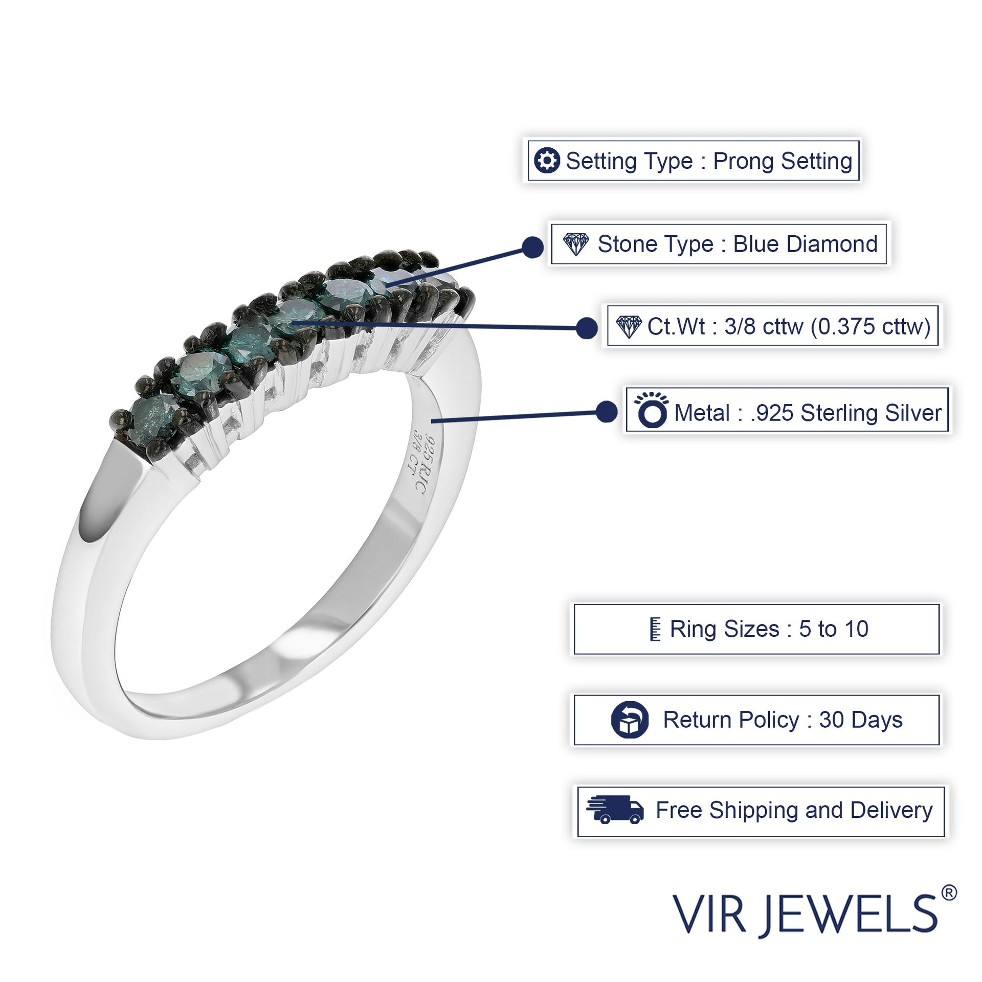 3/8 cttw Blue Diamond Ring Wedding Band .925 Sterling Silver 7 Stones Round