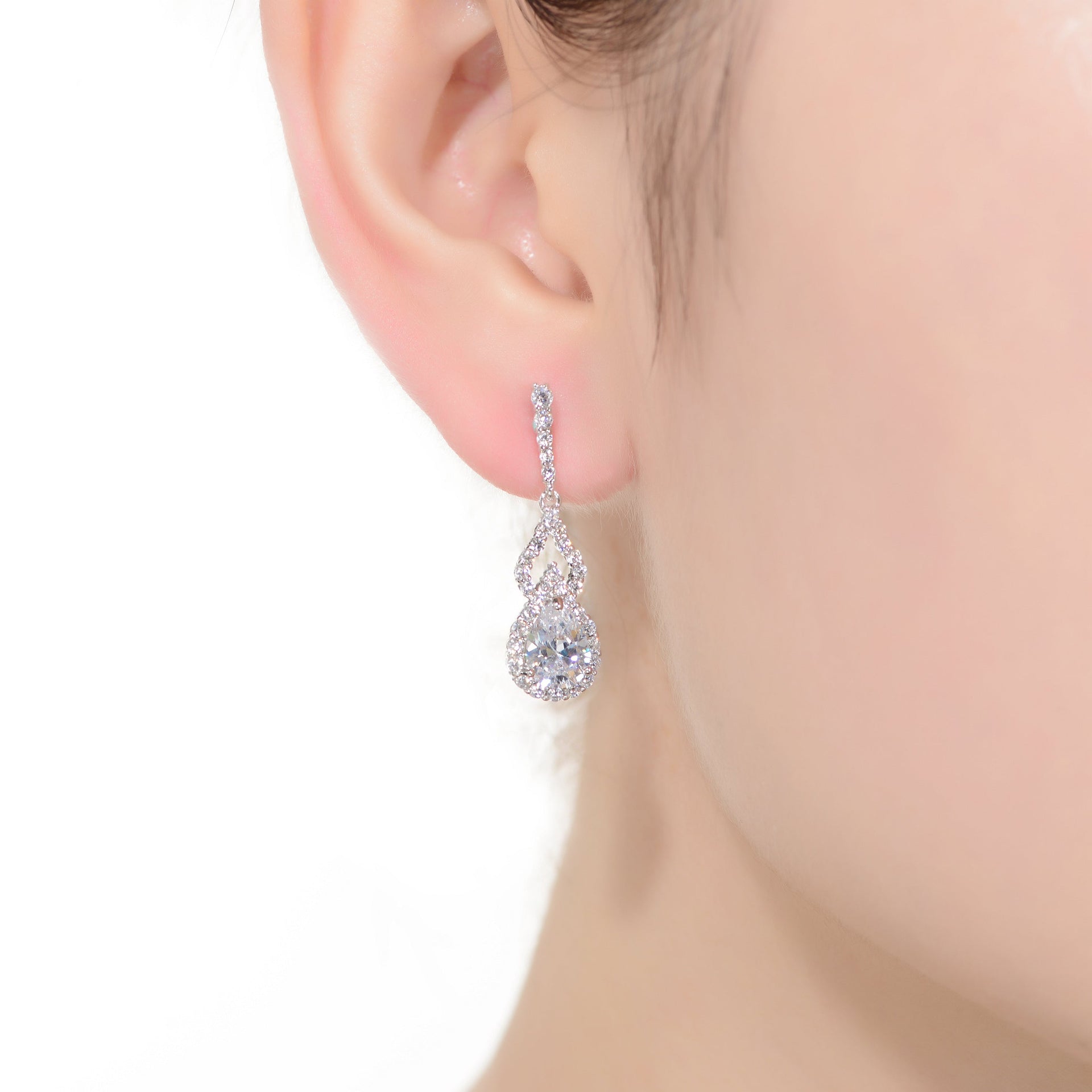 Sterling Silver With Rhodium Plated Clear Pear And Round Cubic Zirconia Halo With Open Pear Drop Earrings