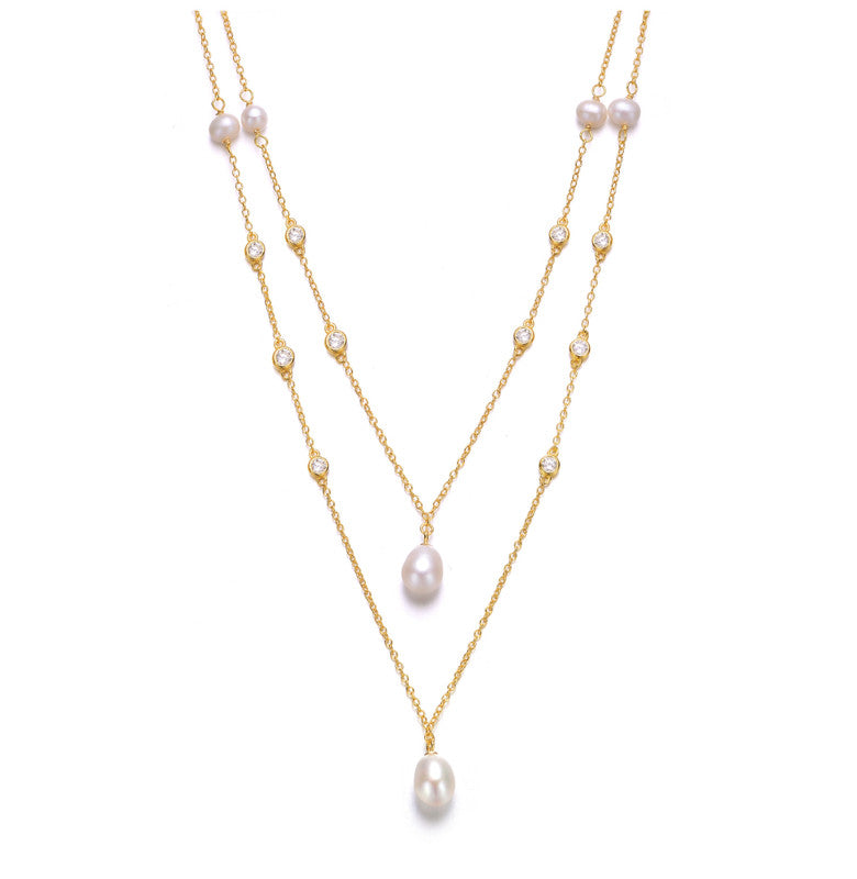 Sterling Silver 14k Gold Plated With Freshwater Pearl Layered Necklace