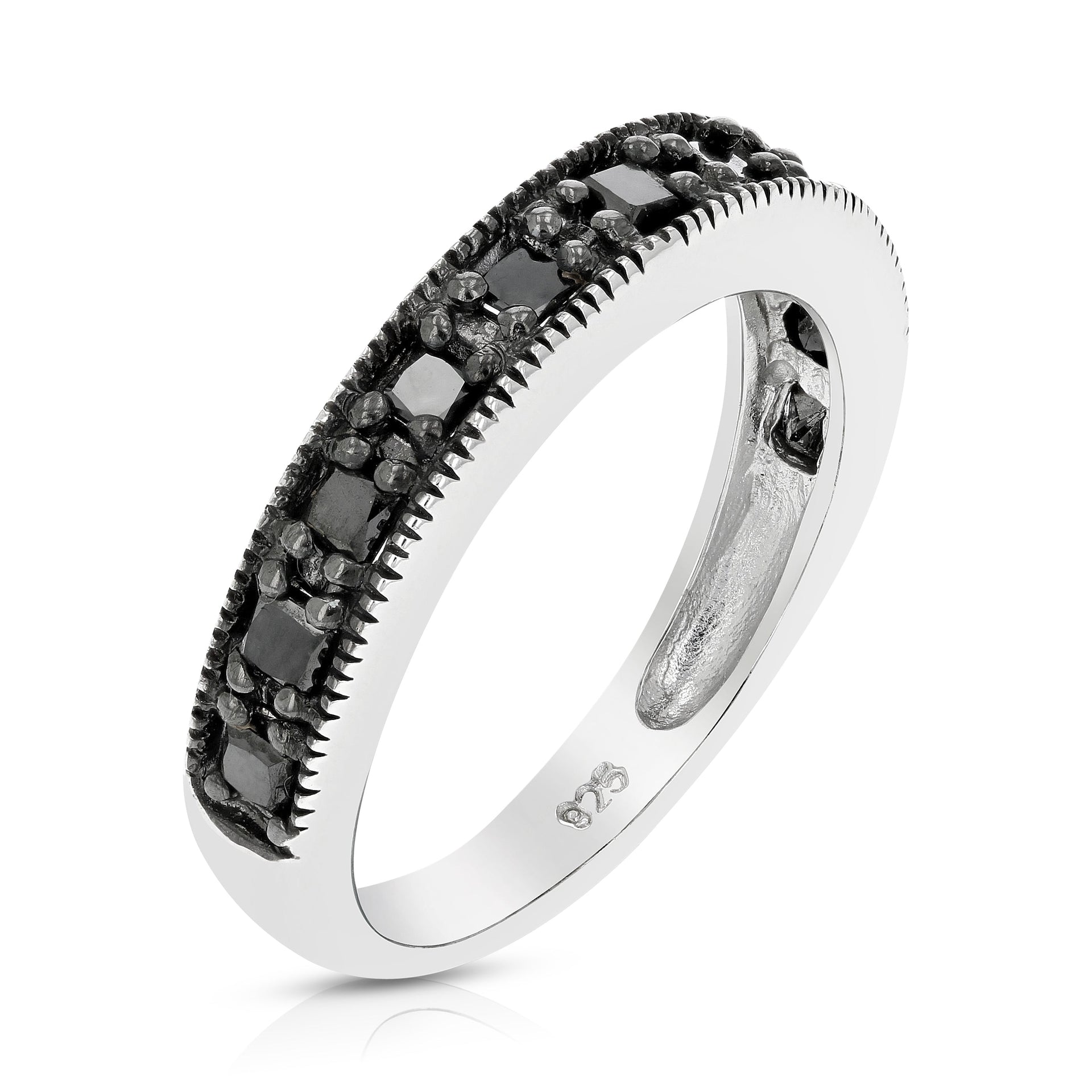 1/2 cttw Princess Cut Black Diamond Wedding Band .925 Sterling Silver Rhodium