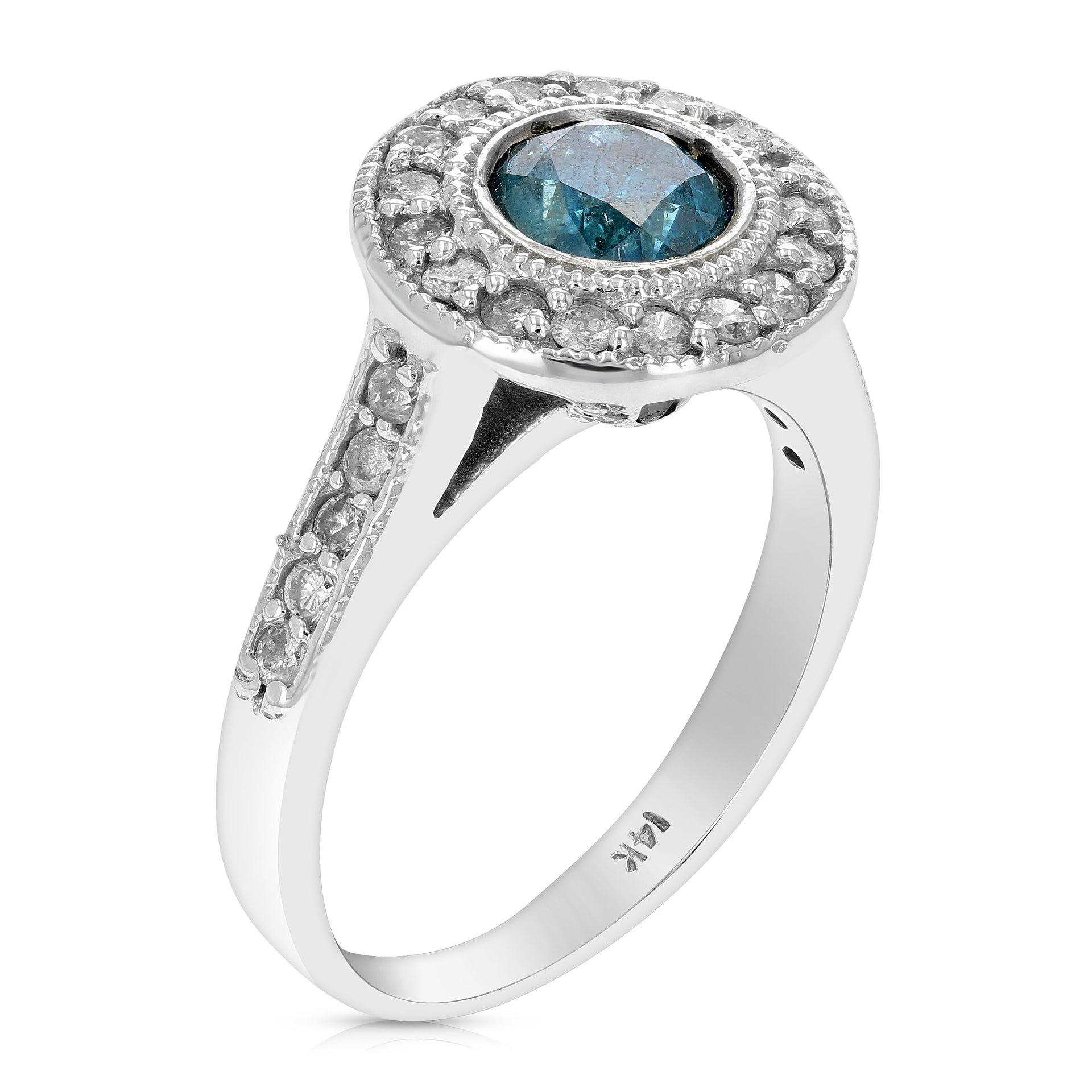 1 cttw Blue Diamond Engagement Ring 14K White Gold Halo Style Round Prong