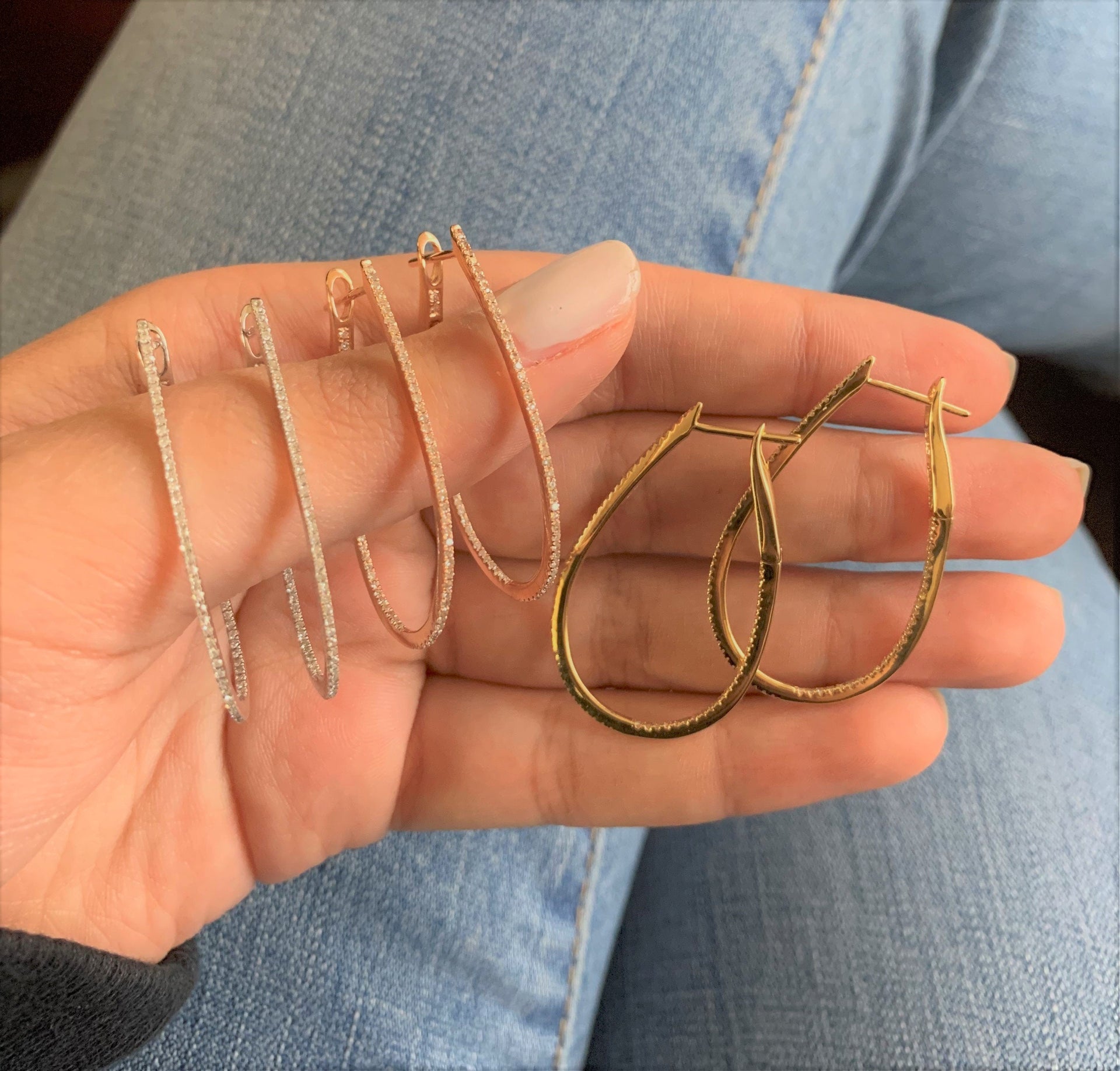 14k Gold & Diamond Skinny Hoop Earrings 1-1/2'