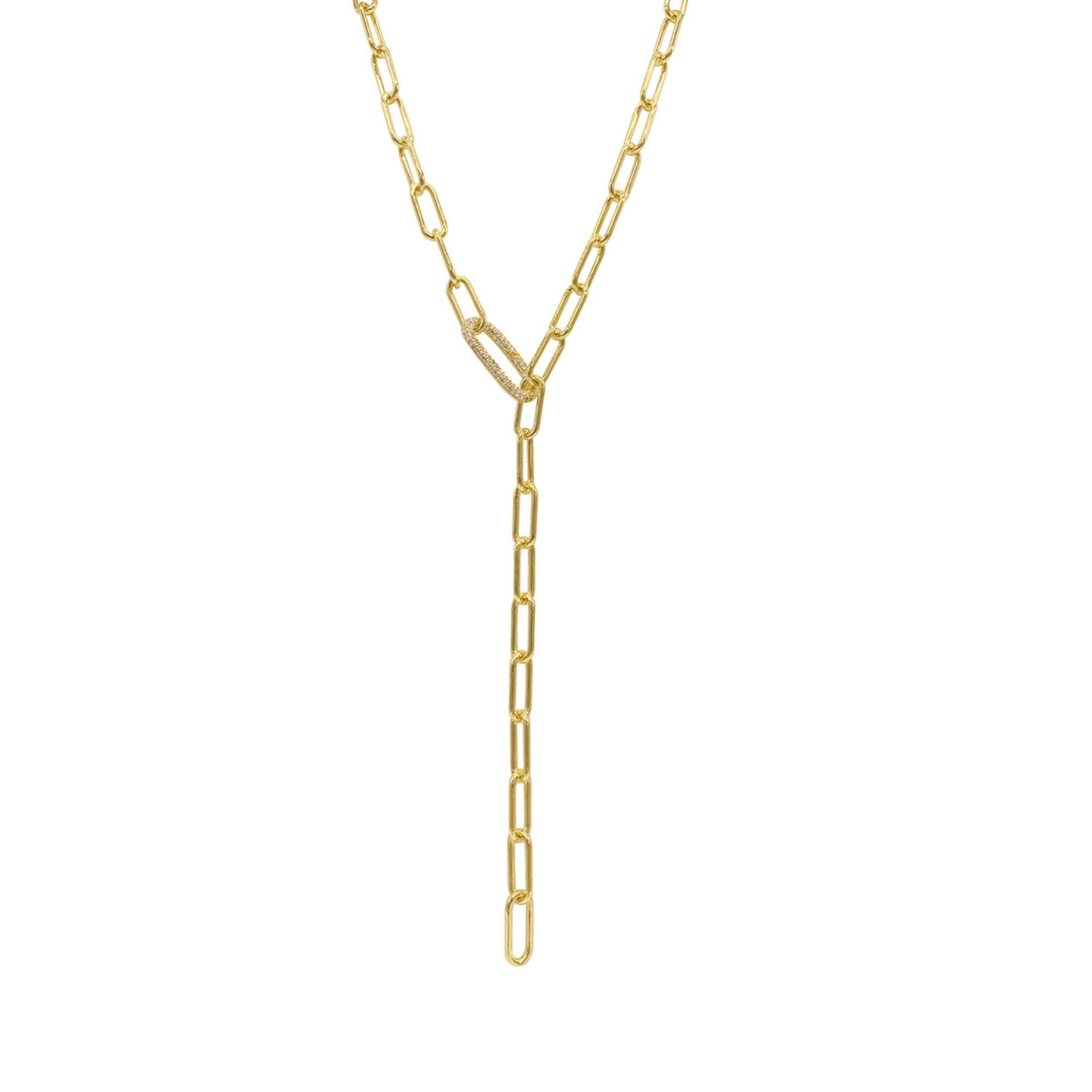 14k Gold Plated Paper Clip Chain Lariat Necklace With Crystal Adjustable Lock