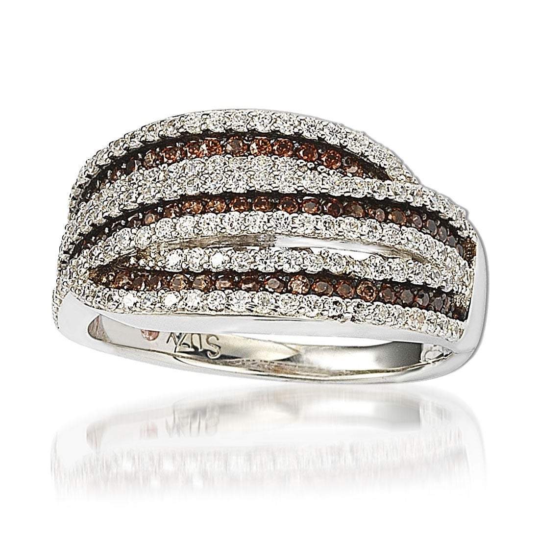 Suzy Levian Sterling Silver White and Chocolate Cubic Zirconia Intertwined Ring