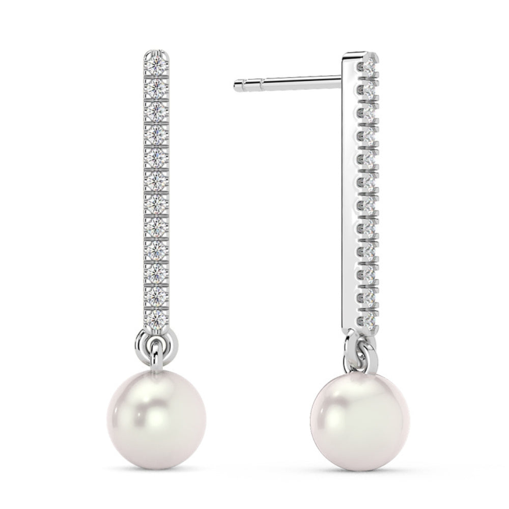 6mm Pearl & Diamond Dangle Earrings Women's 14k Gold Tennis Earrings Lab Grown