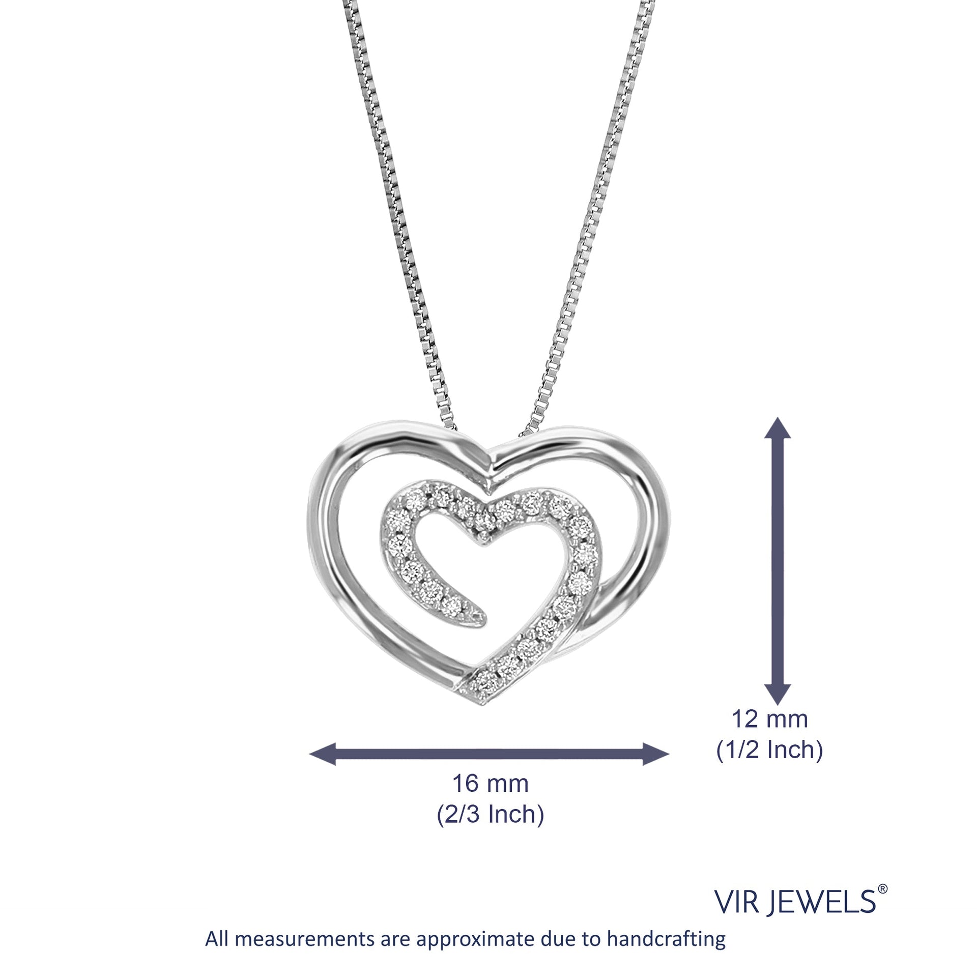 1/10 cttw Lab Grown Diamond Double Heart Pendant Necklace .925 Sterling Silver 1/2 Inch with 18 Inch Chain