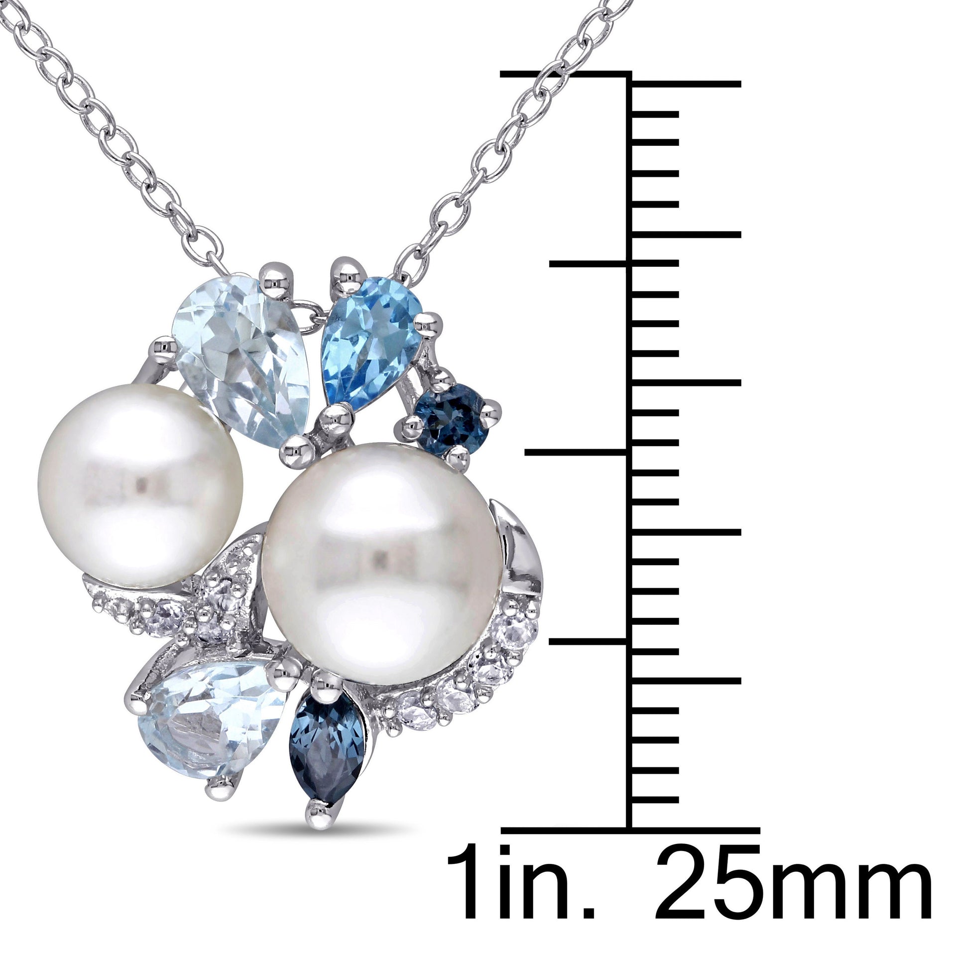 London, Swiss and Sky Blue Topaz and Created White Sapphire and White Cultured Freshwater Pearl Cluster Pendant with Chain in Sterling Silver