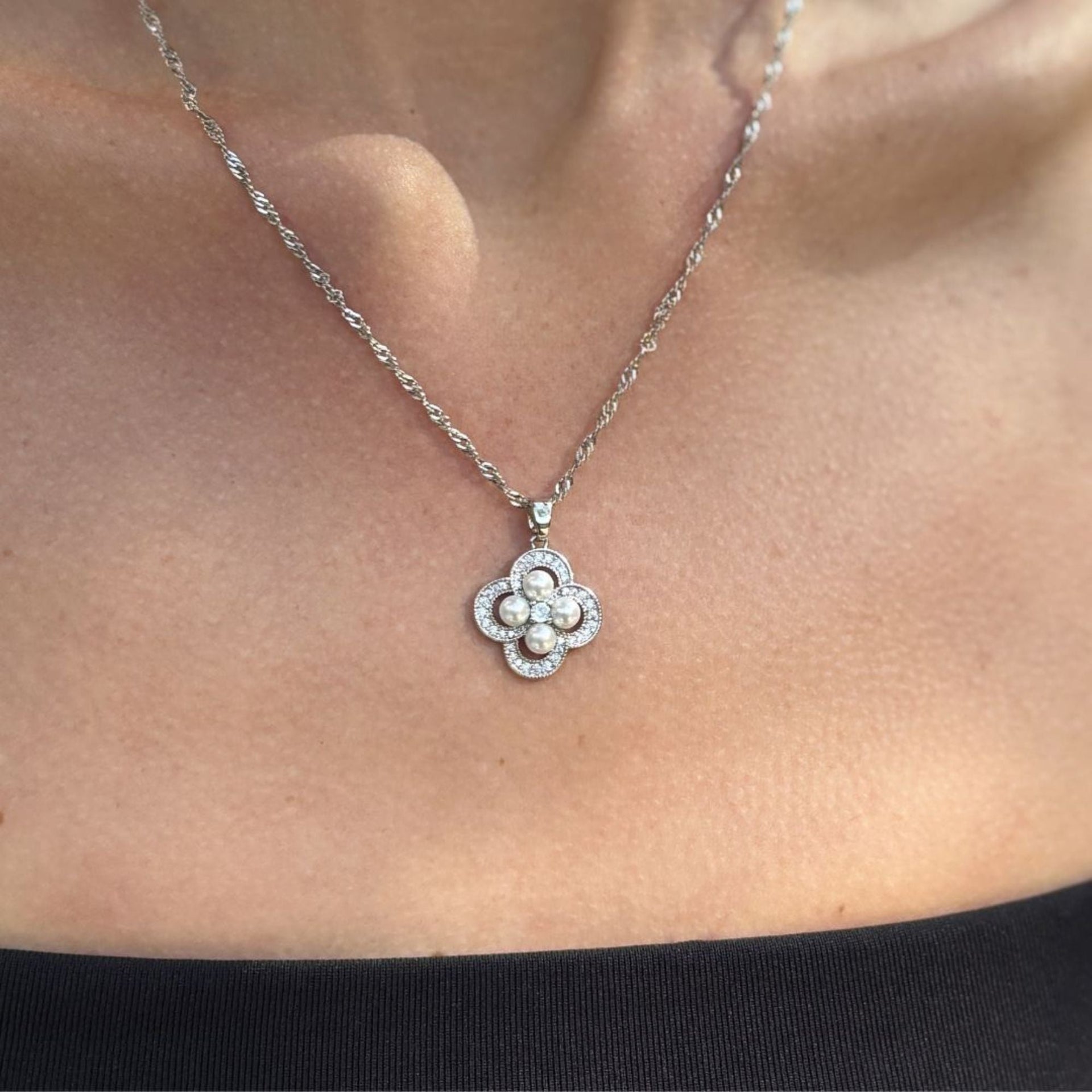 Silver Plated Pearl-studded Clover Necklace