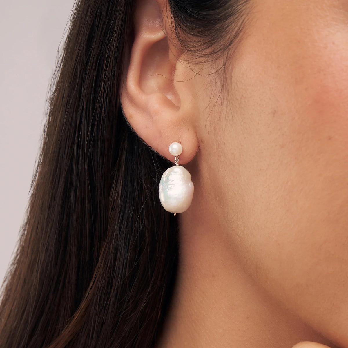 Silver Large Double Baroque Pearl Drop Stud Earrings