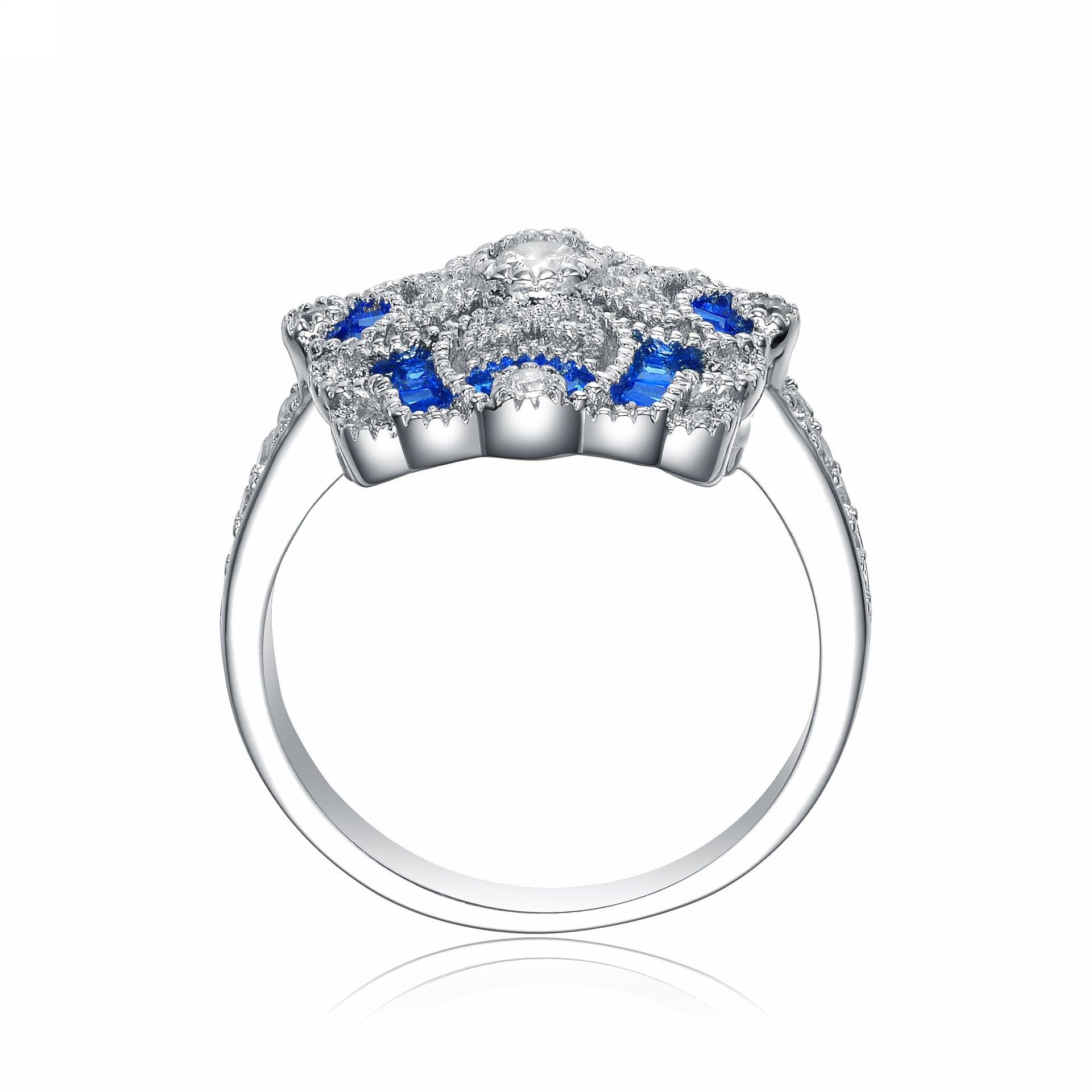 Sterling Silver Sapphire Cubic Zirconia Floral Cocktail Ring