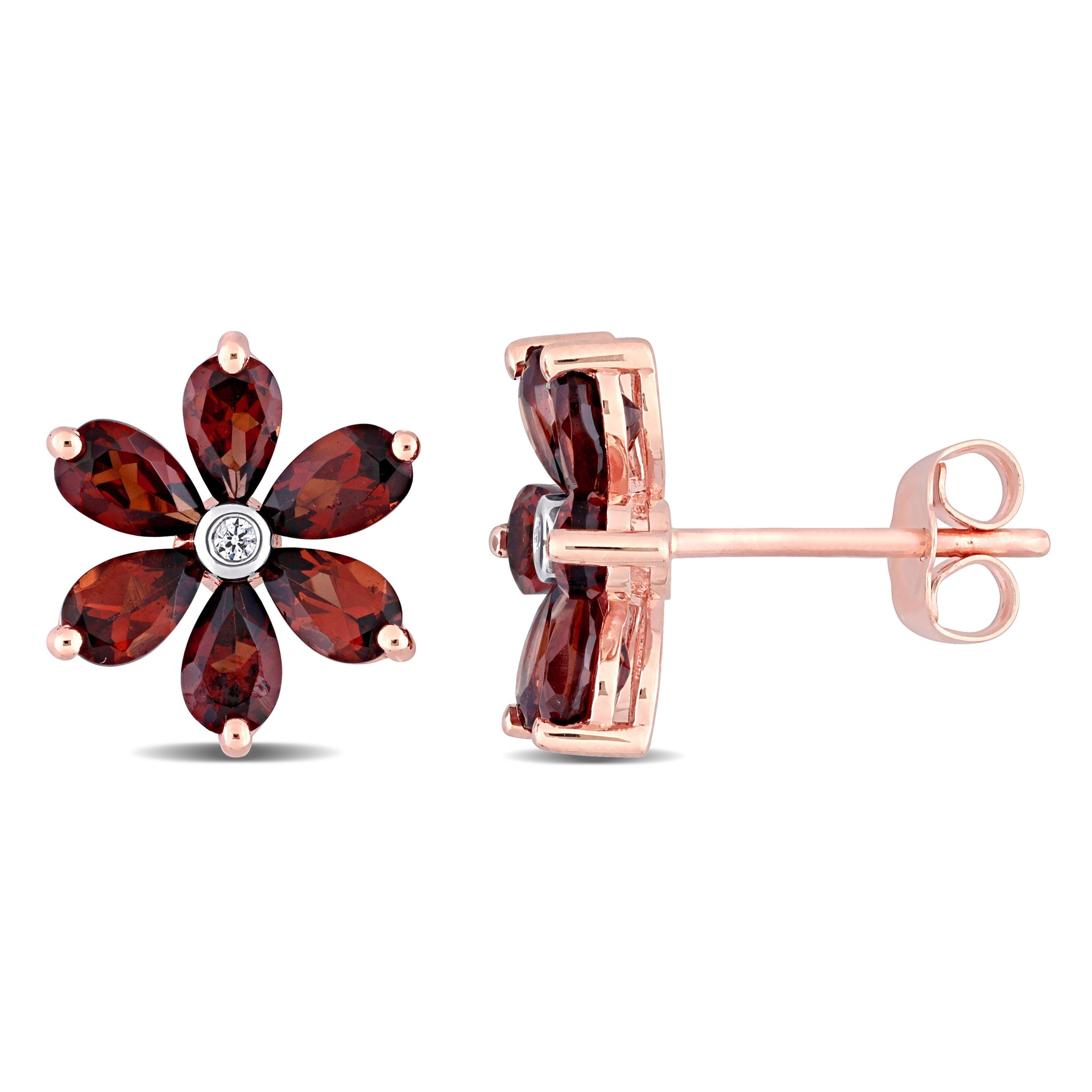 3 1/4 CT TGW Garnet and Diamond Accent Floral Stud Earrings in 10k Rose Gold