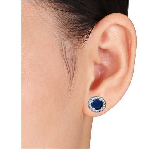 5/8ct Halo Diamond Blue Sapphire Studs 14K White Gold