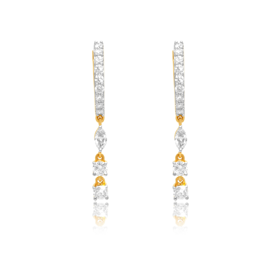 Gold Diamond Marquise and Double Round Drop Hoop Earring