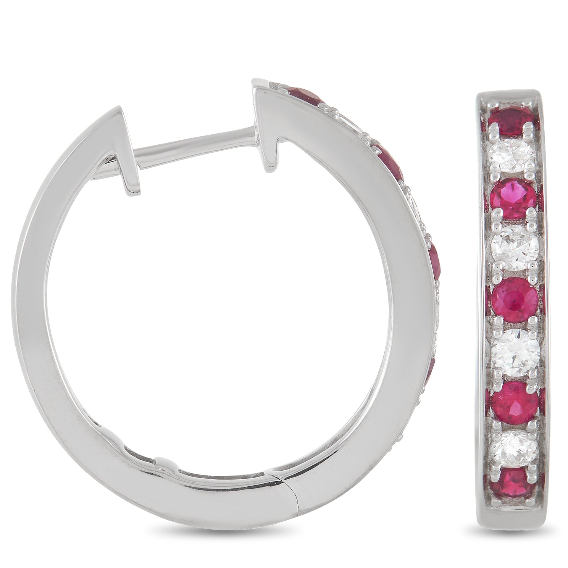 14K White Gold 0.25 ct Diamond and 0.42 ct Ruby Hoop Earrings