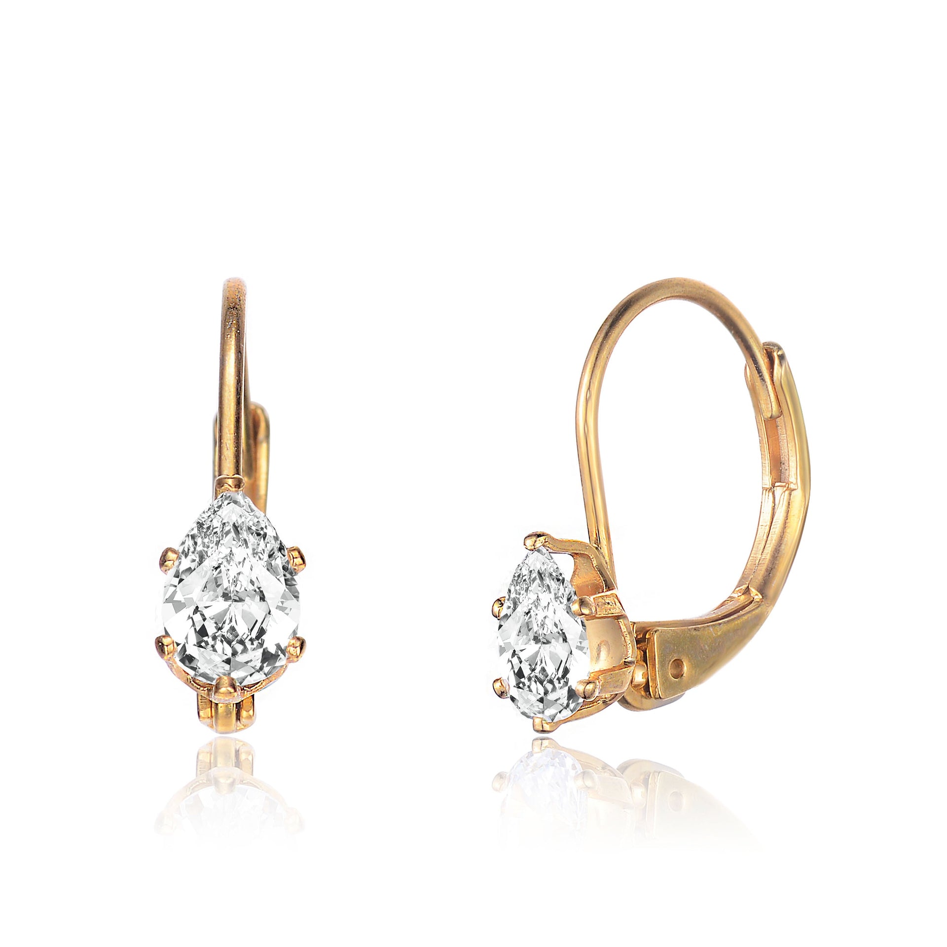 Sterling Silver Gold Plated Cubic Zirconia Leverback Drop Earrings