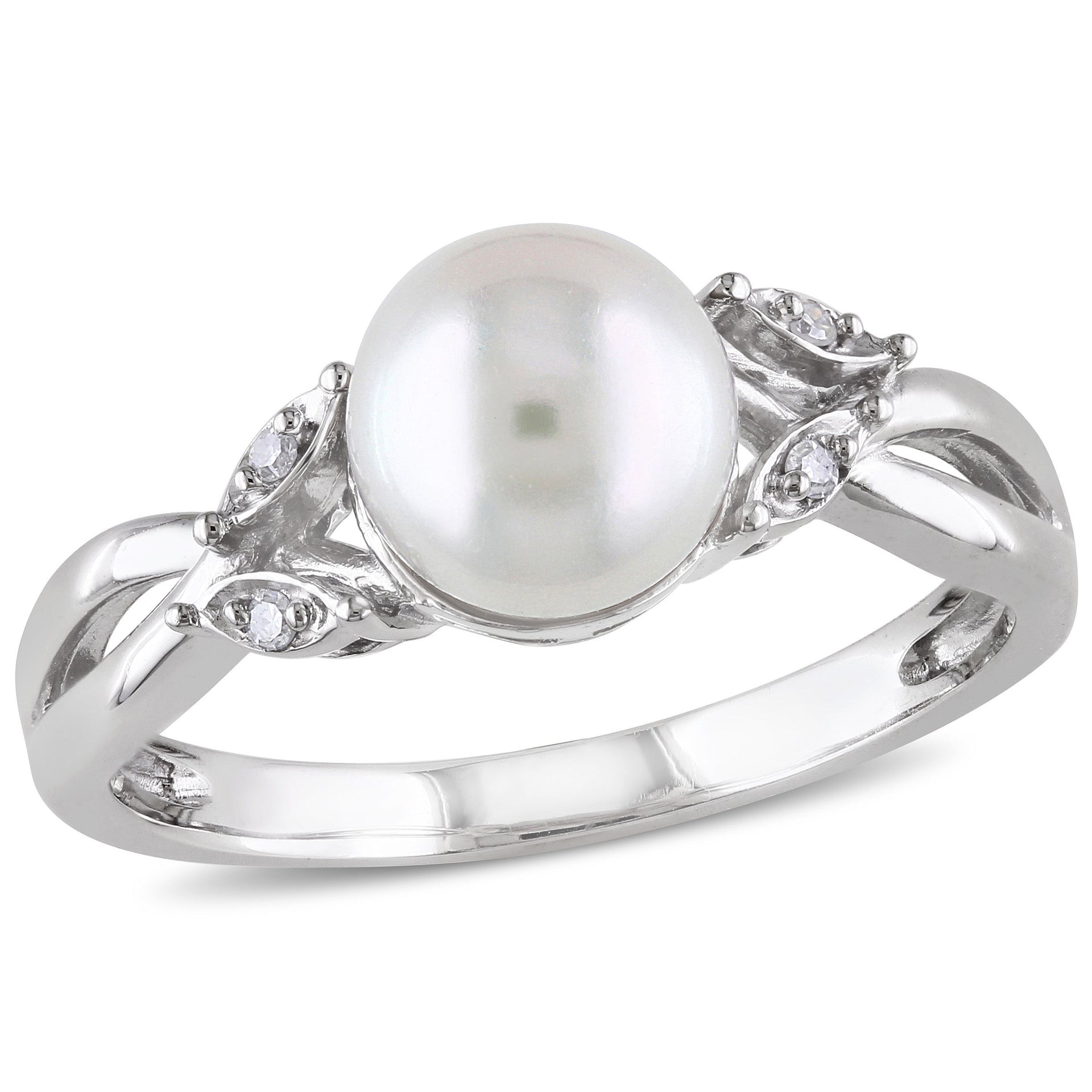 Cultured Freshwater Pearl and Diamond Crossover Ring in 10k White Gold