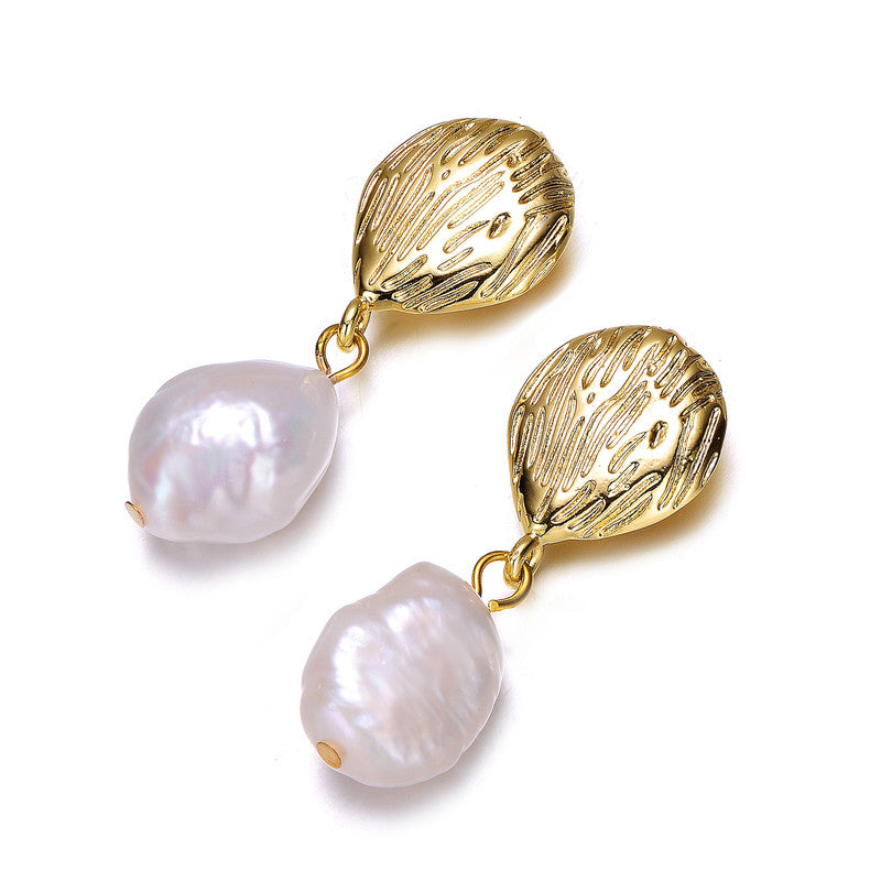 Sterling Silver 14k Gold Plated with Baroque Oval Pearl Coral Reef Dangle Earrings