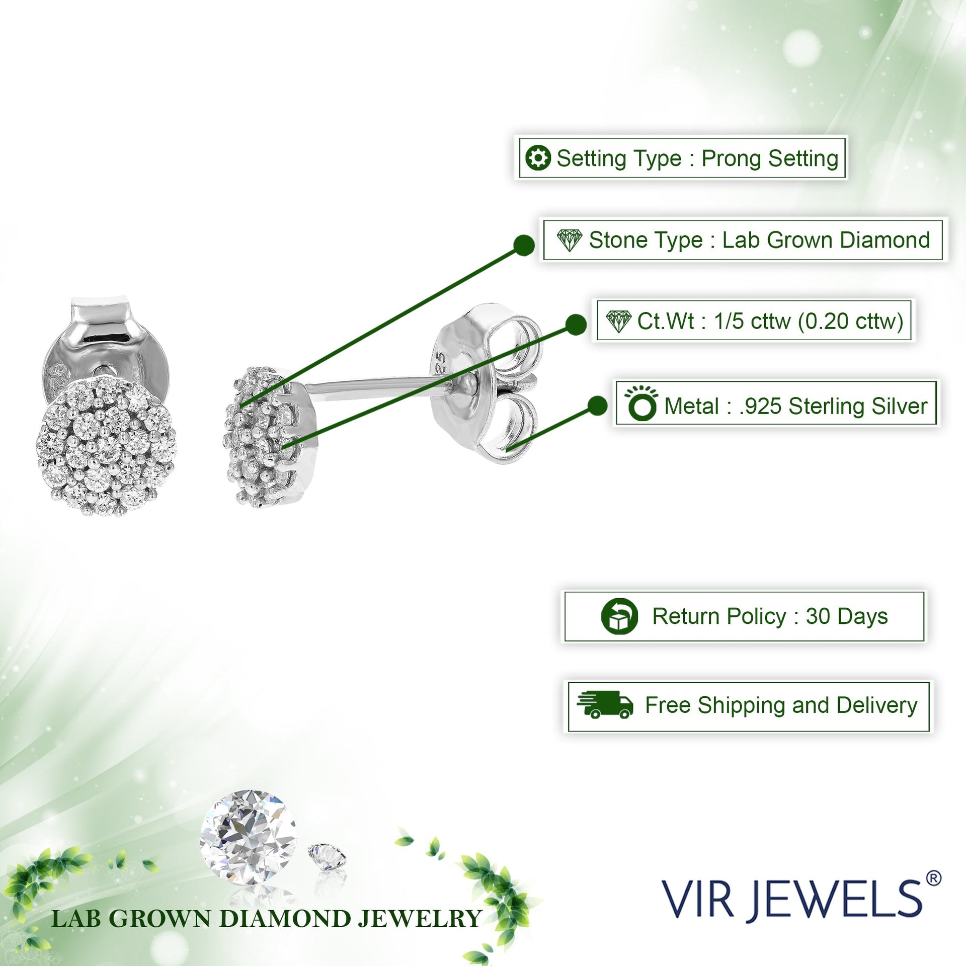 1/5 cttw Round Lab Grown Diamond Stud Earrings In .925 Sterling Silver With Prong Settings