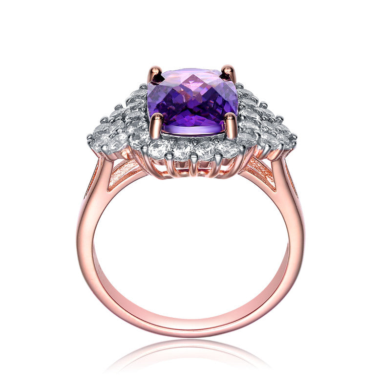 GENEVIVE Sterling Silver Rose Gold Plated Amethyst Cubic Zirconia Pave Cocktail Ring