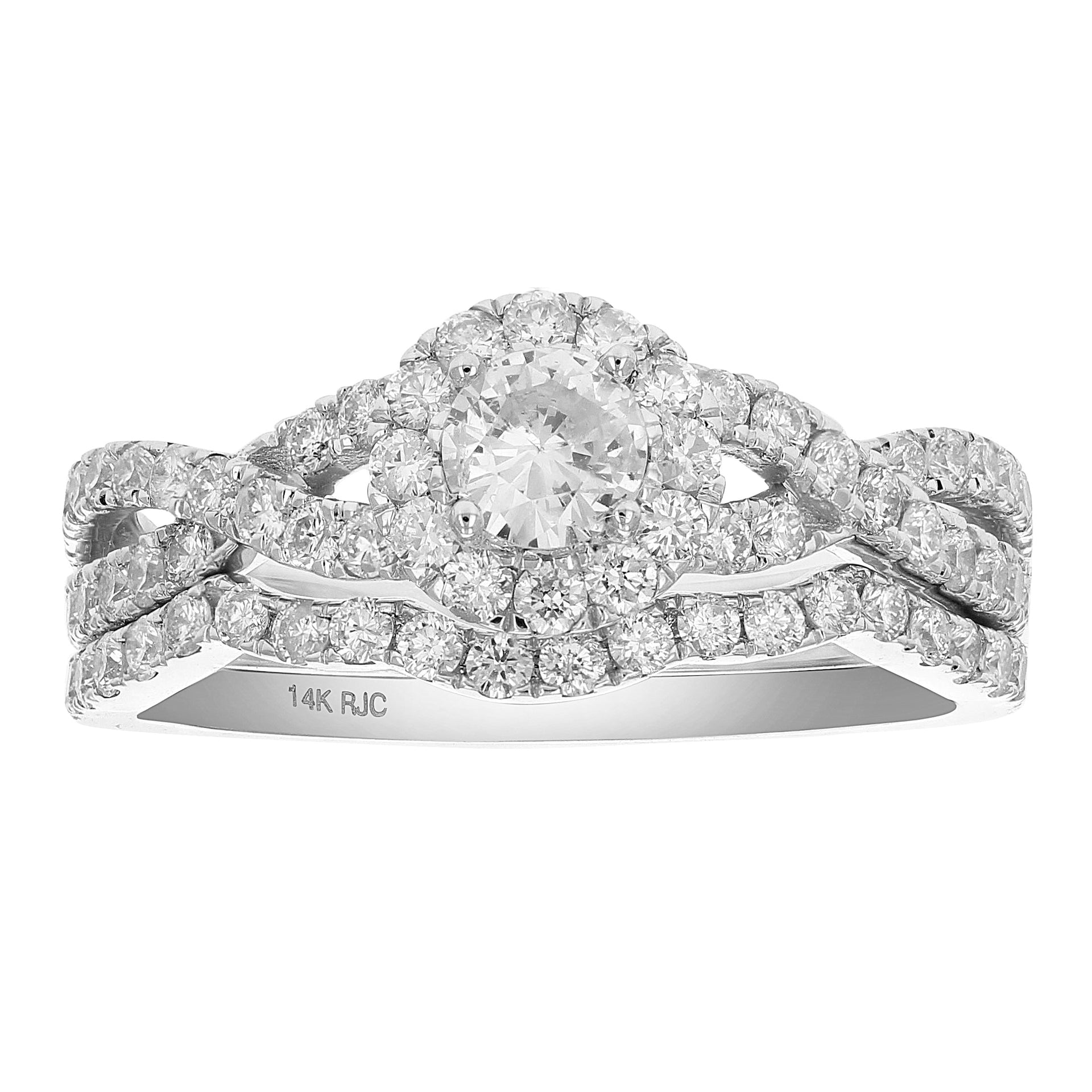 1 Cttw Diamond Halo Criss-cross Wedding Engagement Ring Set 14K White Gold