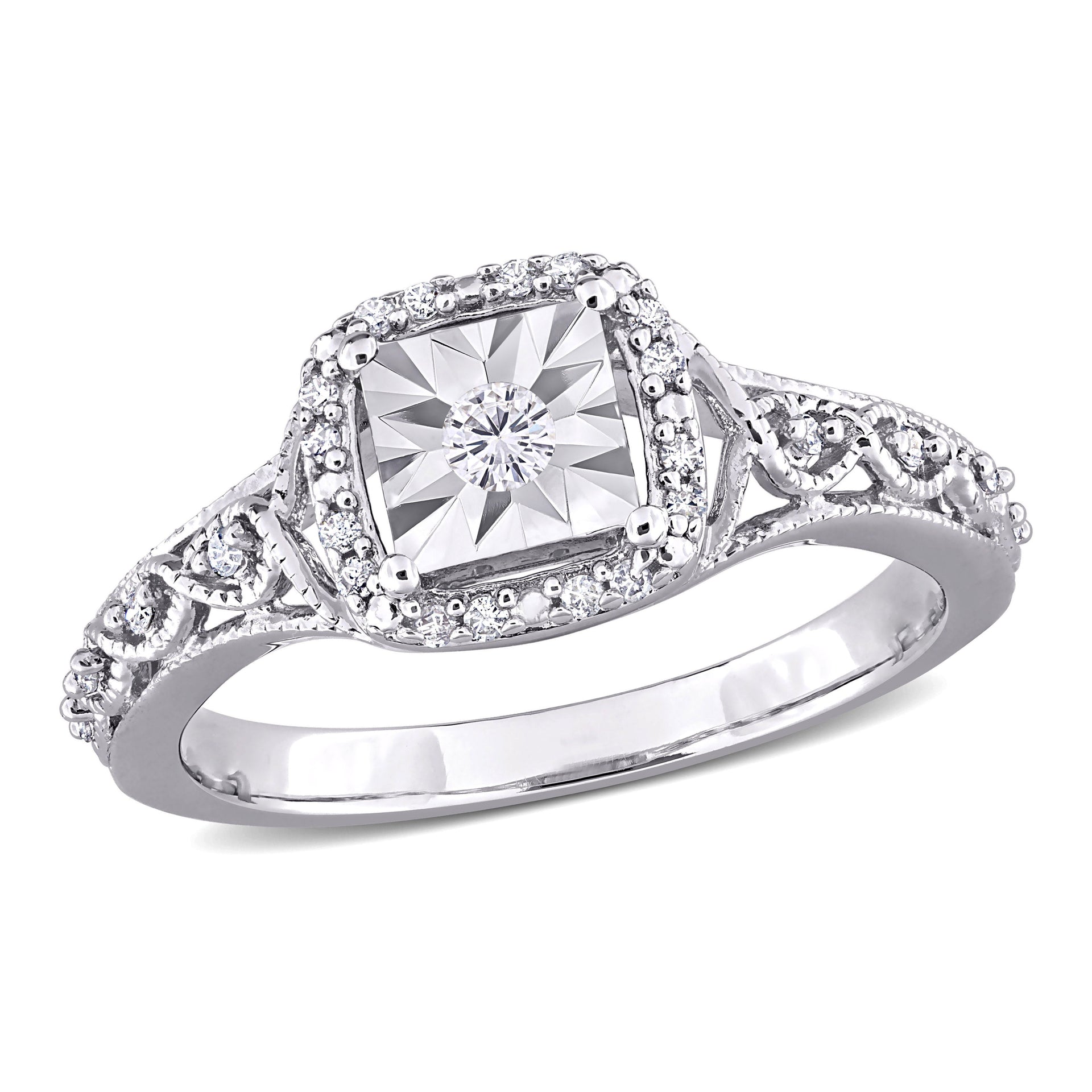 1/6 ct TDW Diamond Halo Vintage Style Ring in Sterling Silver