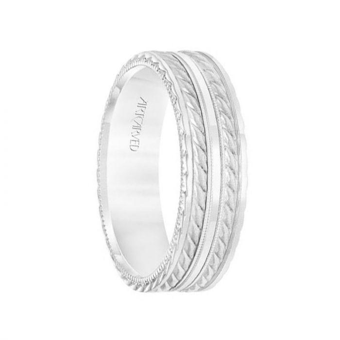 14k White Gold Wedding Band Flat Dual Rope & Milgrain Center Design Sandblasted Finish with Flat Edges- 6.5 mm